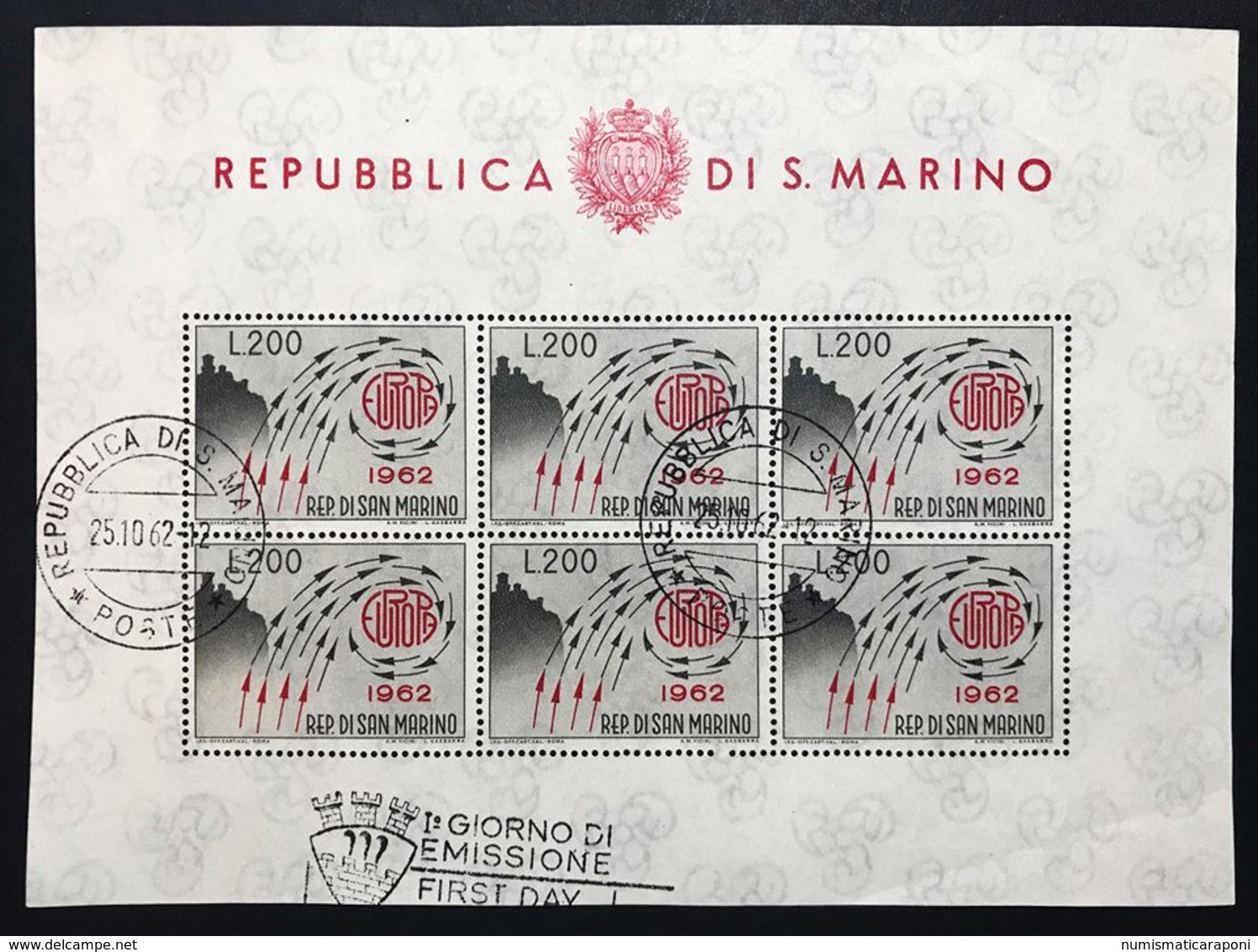 SAN MARINO 1962 Foglietto Annullato Primo Giorno COD FRA.1180 - Nuovi