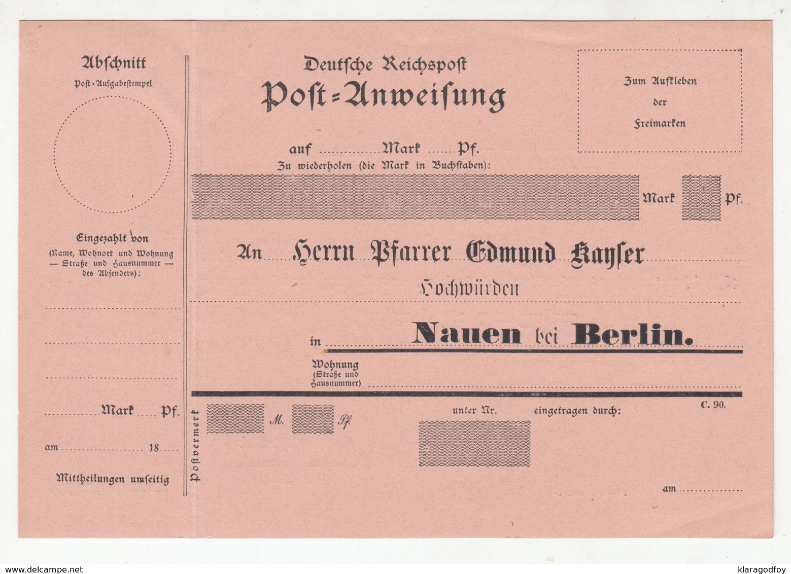 Deutsche Reichspost Postanweisung Postal Order B181215 - Altri & Non Classificati
