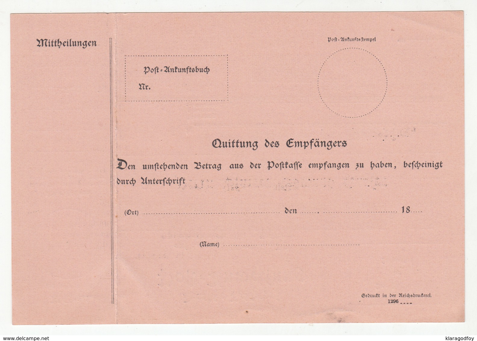 Deutsche Reichspost Postanweisung Postal Order B181215 - Altri & Non Classificati