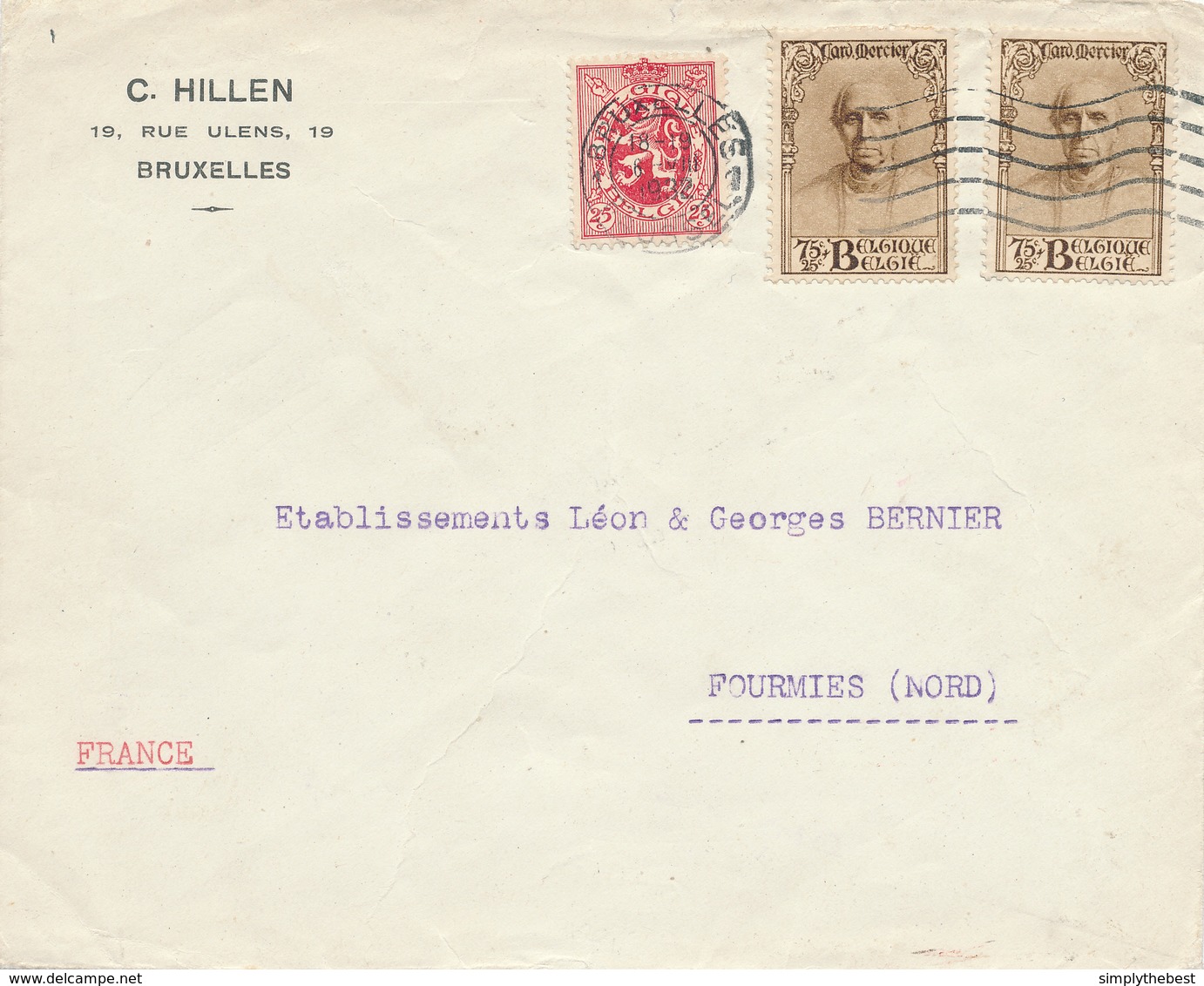 185/28 - Lettre TP Mercier 344 X 2 Et Lion Héraldique BRUXELLES 1932 Vers FOURMIES France Nord - TARIF EXACT 1 F 75 - Brieven En Documenten