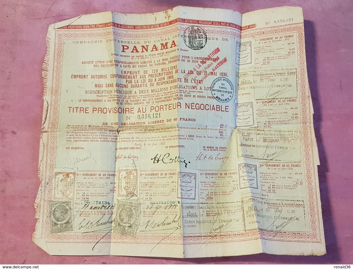 Titre Action CANAL DE PANAMA  Cachet Fiscal 5c Pour 100f Monnaie Francs Timbres Fiscaux 10c Vignette Controle Paris CIC - Navigation