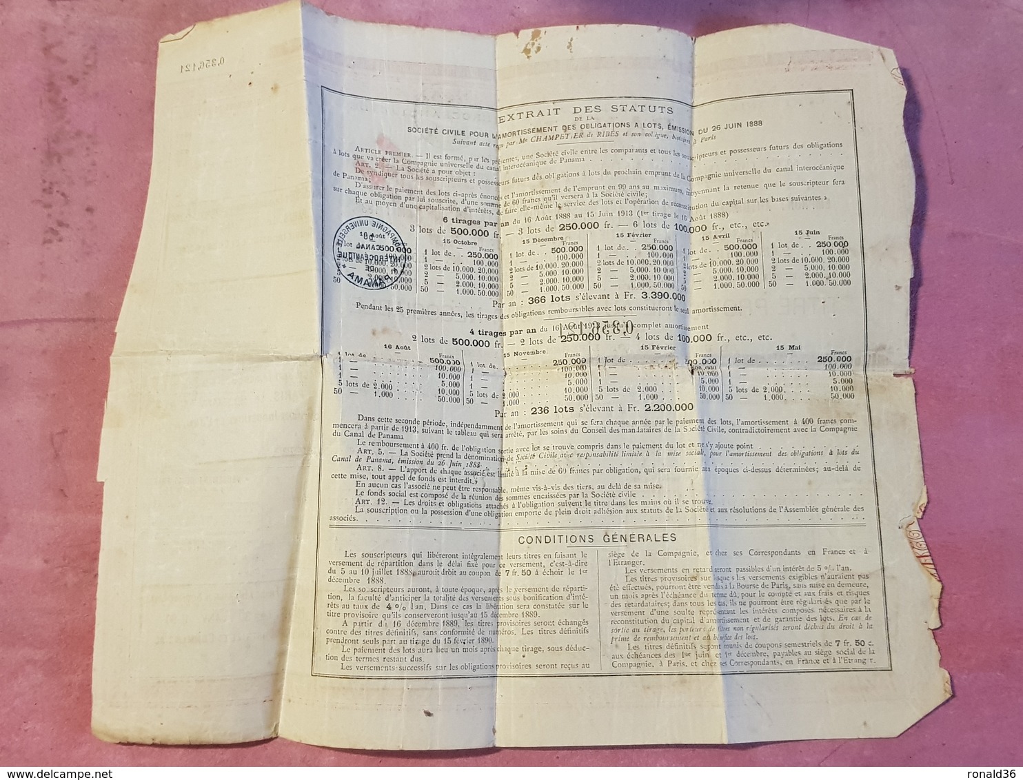 Titre Action CANAL DE PANAMA  Cachet Fiscal 5c Pour 100f Monnaie Francs Timbres Fiscaux 10c Vignette Controle Paris CIC - Navigation