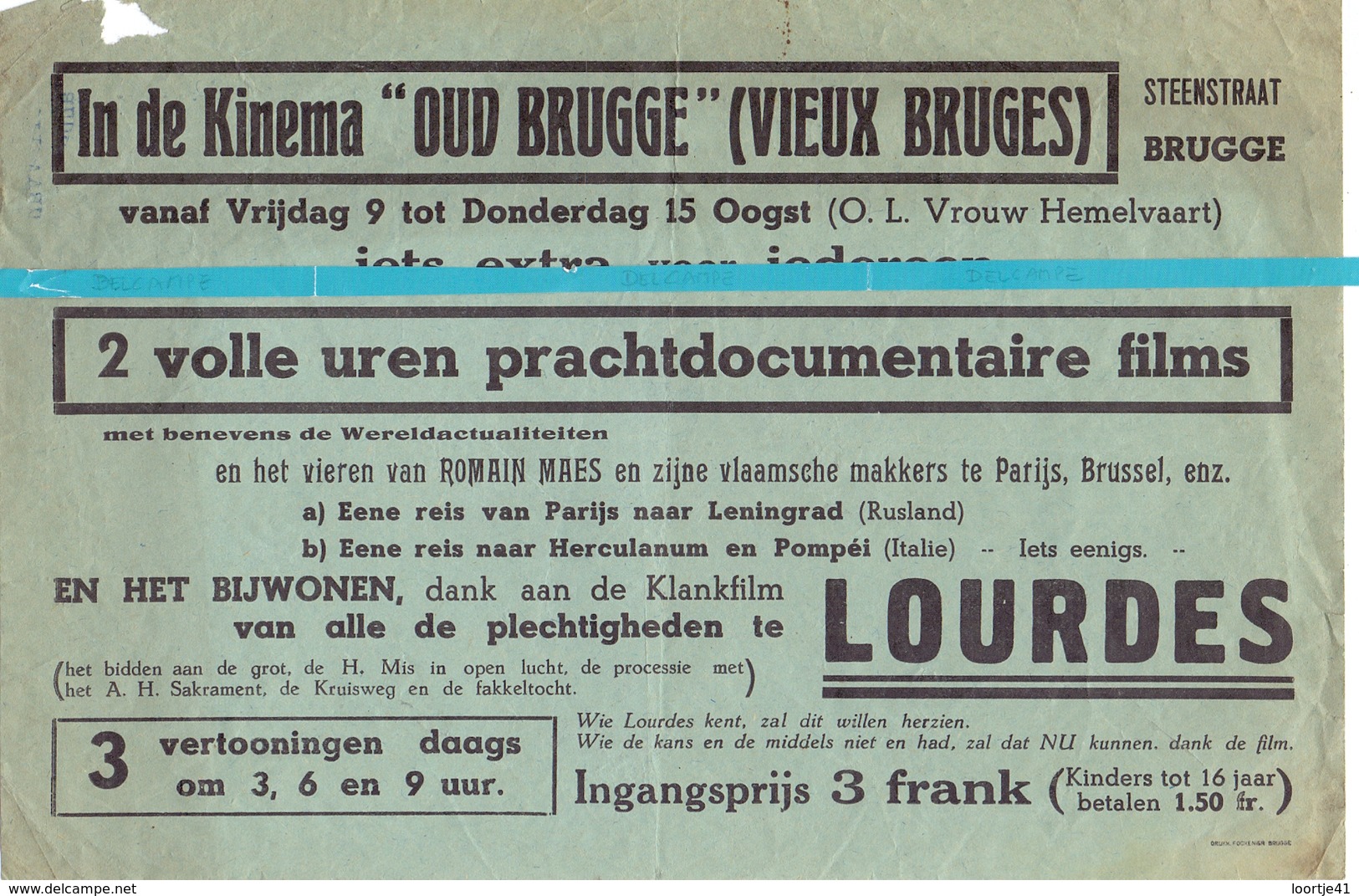 Kleine Affiche Pub Reclame Ciné Cinema Bioscoop - Kinema Oud Brugge - Lourdes - Werbetrailer