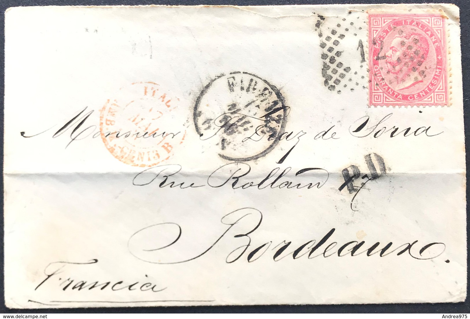 40 Cent DLR Tiratura Torino, Su Busta Firenze 15/5/1866 Per Bordeaux (Francia) - Storia Postale