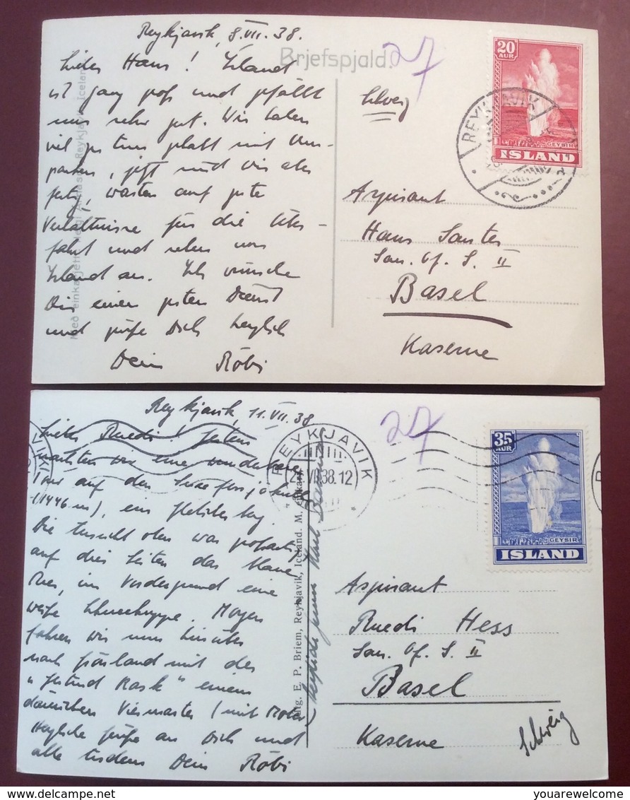 Iceland 1938 Two Postcards With GEYSIR Franking > Schweiz (Island Brief Lettre Cover Ak Ppc Cp - Storia Postale