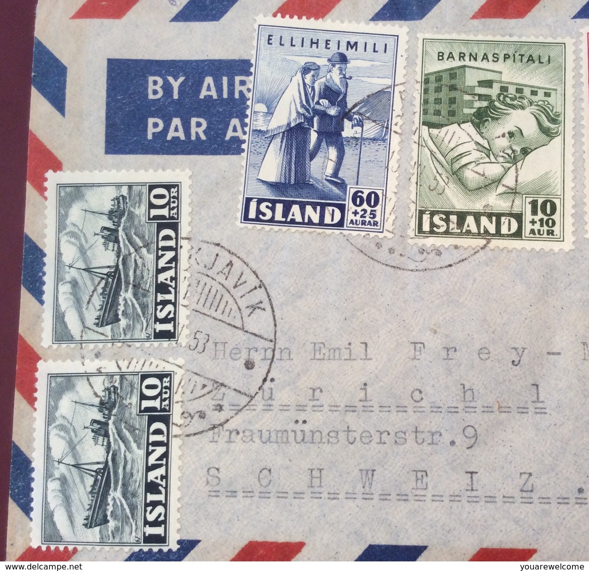 Iceland 1949 CHARITY: BARNASPITALI HOSPITAL On 1953 Air Mail Cover > Schweiz (Island Brief Hôpital Krankenhaus Lettre - Lettres & Documents