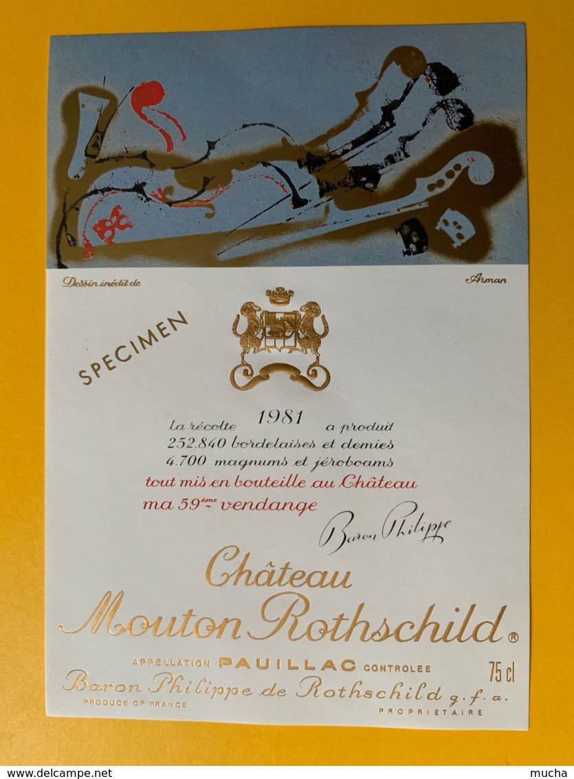 3975 - Château Mouton Rothschild 1981 Pauillac Dessin De Arman Spécimen - Bordeaux