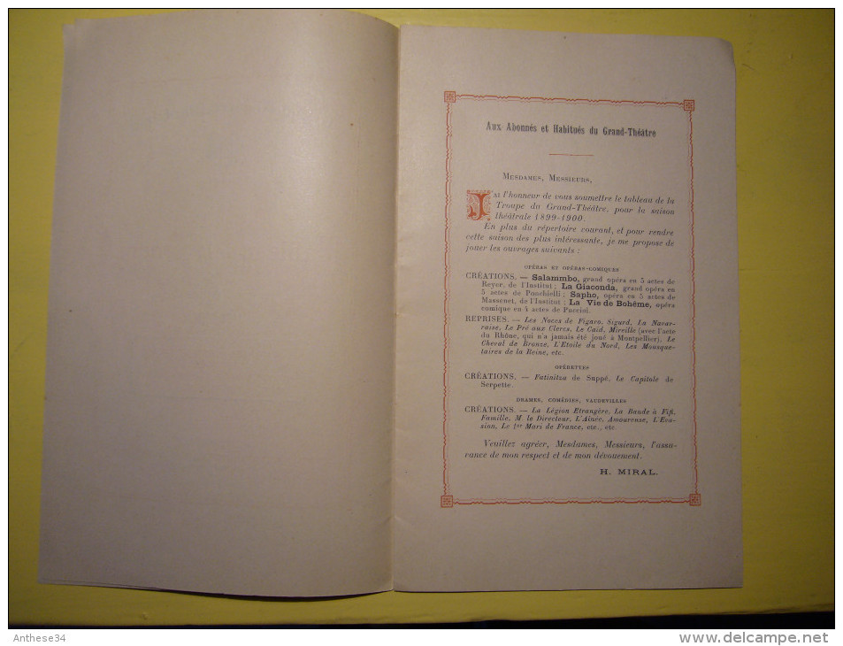 Programme Tableau De La Troupe Grand Théatre De Montpellier 1899 - 1900 Plus Bulletin De Vote - Programmes