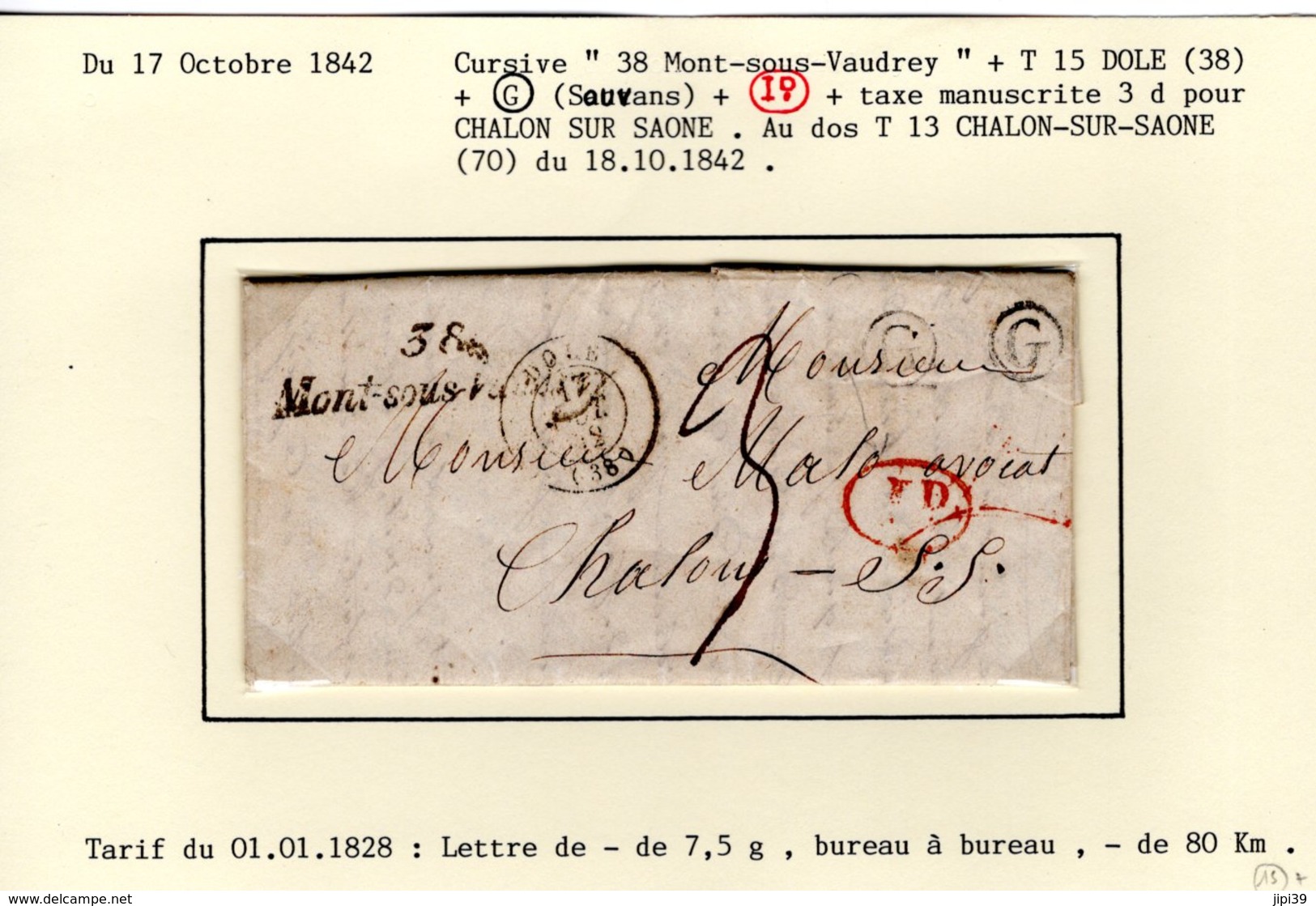 Jura : Cursive " 38 Mont Sous Vaudrey " 46x10 Mm + T15 DOLE  + Id  + Taxe 3d +Boite Rurale G Sur LAC  En 1842   TTB - 1801-1848: Précurseurs XIX