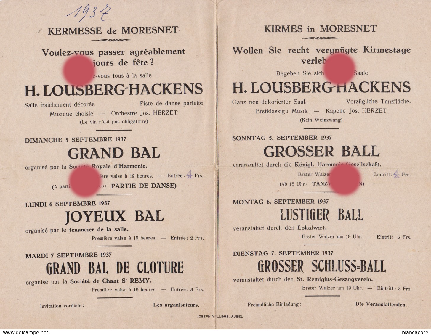 MORESNET ( Plombières ) KERMESSE De Septembre 1937 - Programma's