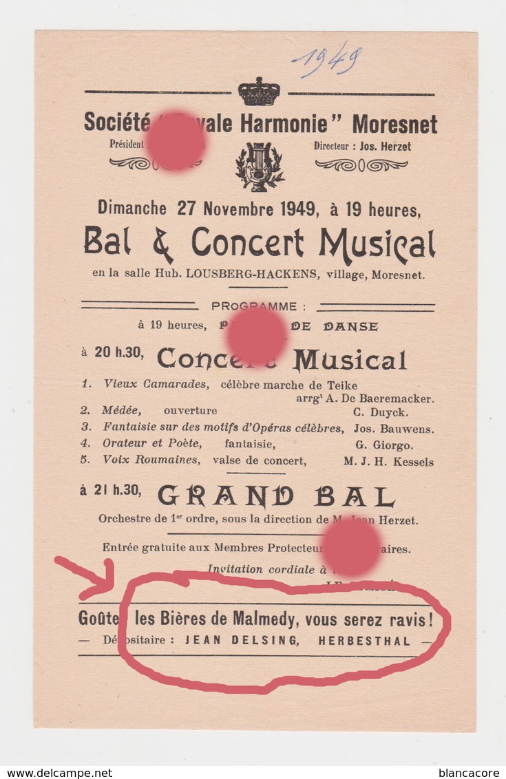 MORESNET ( Plombières ) SOCIETE ROYALE  HARMONIE 1949 + Bières De Malmedy  Dépositaire Delsing à Herbesthal - Programma's