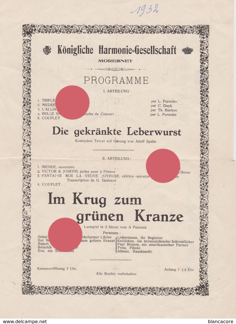 MORESNET KÖNIGLICHE HARMONIE-GESELLSCHAFT  HARMONIE ROYALE 1932 - Programma's