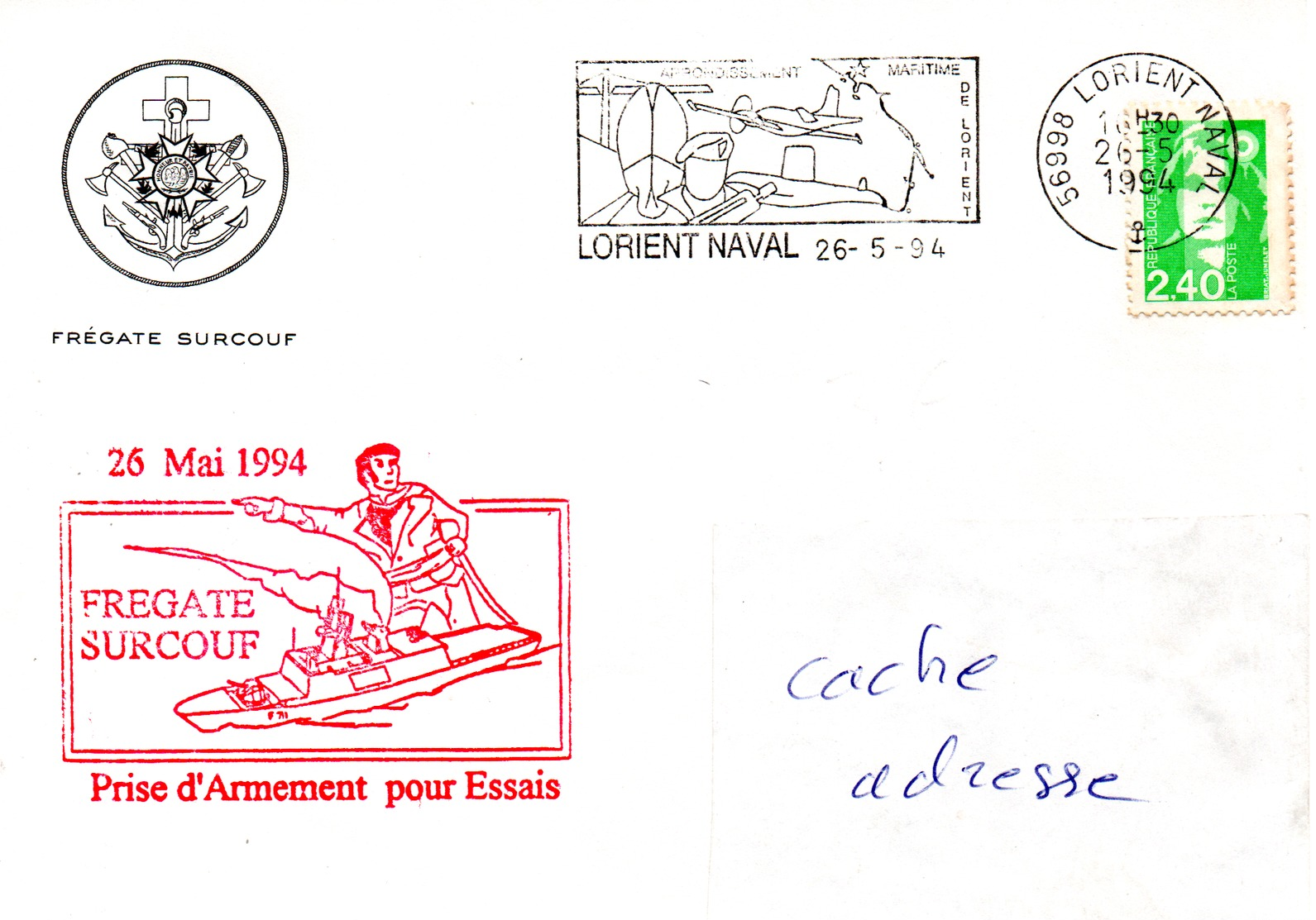 FLF SURCOUF Prise D'armement Pour Essais Sur Enveloppe Illustrée Obl. Lorient Naval 26/05/94 - Poste Navale