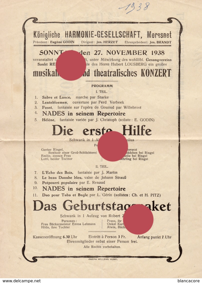 MORESNET KÖNIGLICHE HARMONIE-GESELLSCHAFT  HARMONIE ROYALE 1938 KONZERTE - Programma's