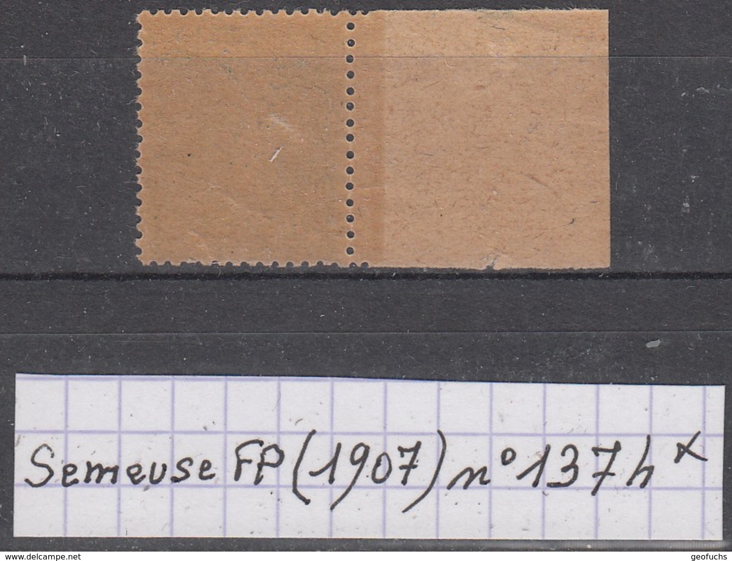 France Semeuse Fond Plein (1907) Y/T N°137h (type I, Papier GC) Avec Bord De Feuille Neuf * - 1906-38 Semeuse Camée