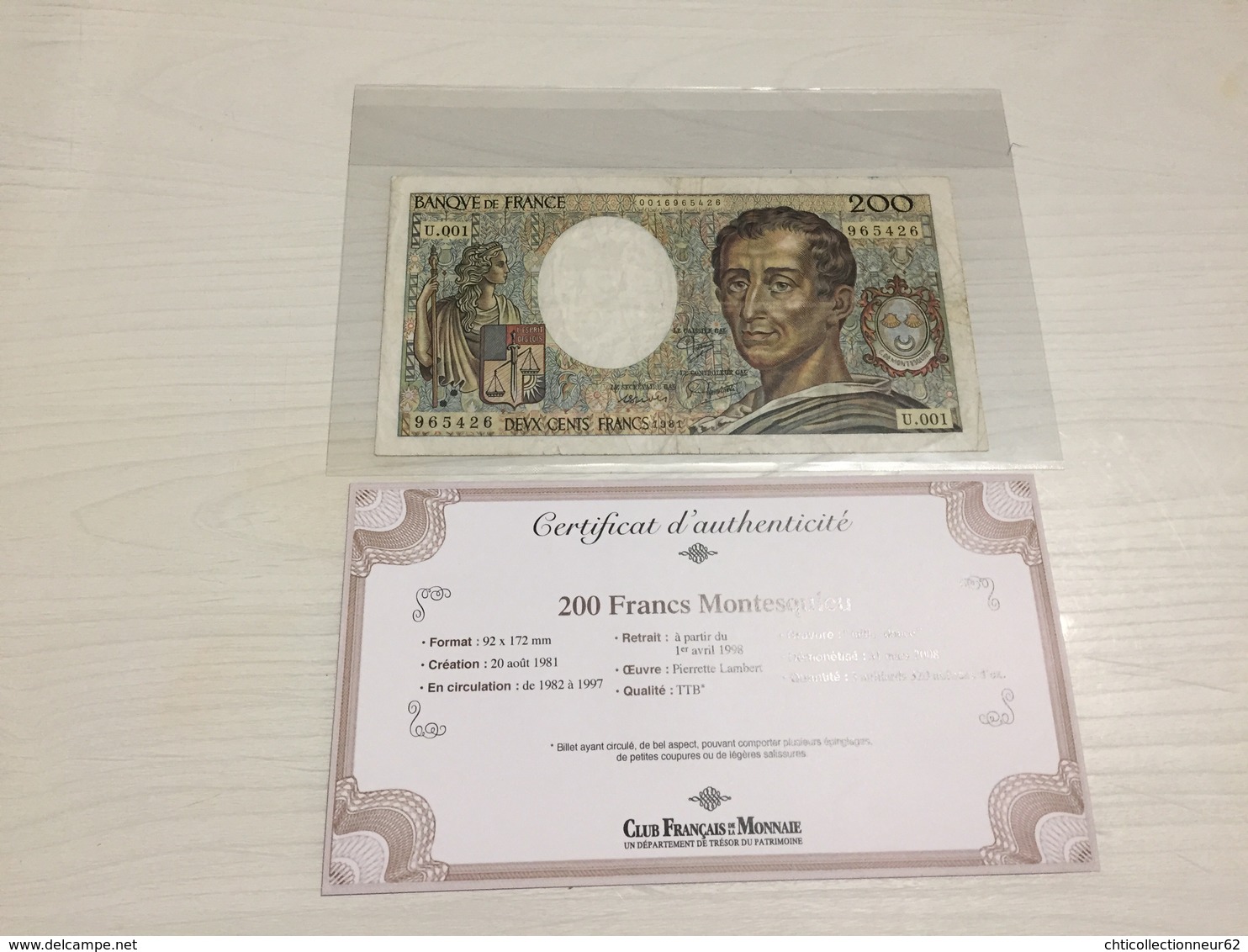 BILLET FRANÇAIS Ancien 200 FRANCS MONTESQUIEU  1981 Avec Certificat - 200 F 1981-1994 ''Montesquieu''