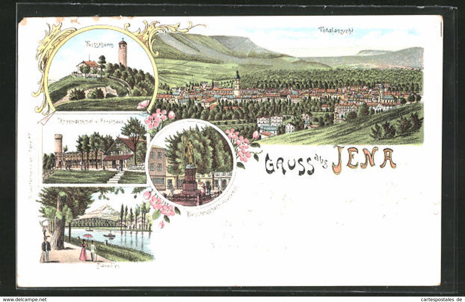 Lithographie Jena, Totalansicht Mit Umgebung, Fuchsturm, Kriegerdenkmal Und Forsthaus, Burschenschafts-Denkmal - Jena