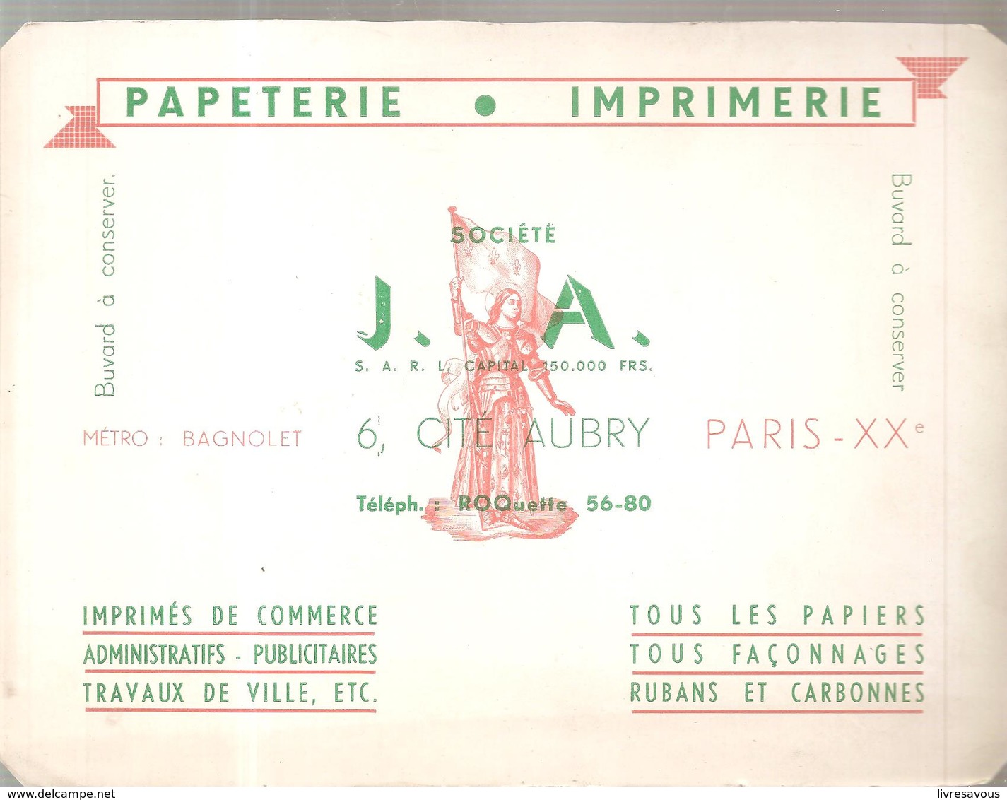 Buvard Papeterie Imprimerie Société J.A. 6, Cité Aubry Paris XX ème - Papeterie