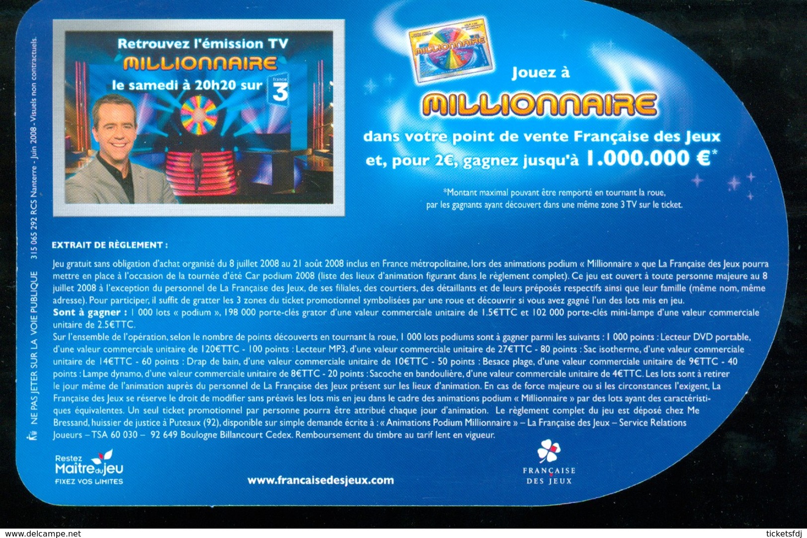 Grattage FDJ - FRANCAISE DES JEUX - Promo Tournée Des Plages 2008 MILLIONNAIRE 41201 - Billets De Loterie