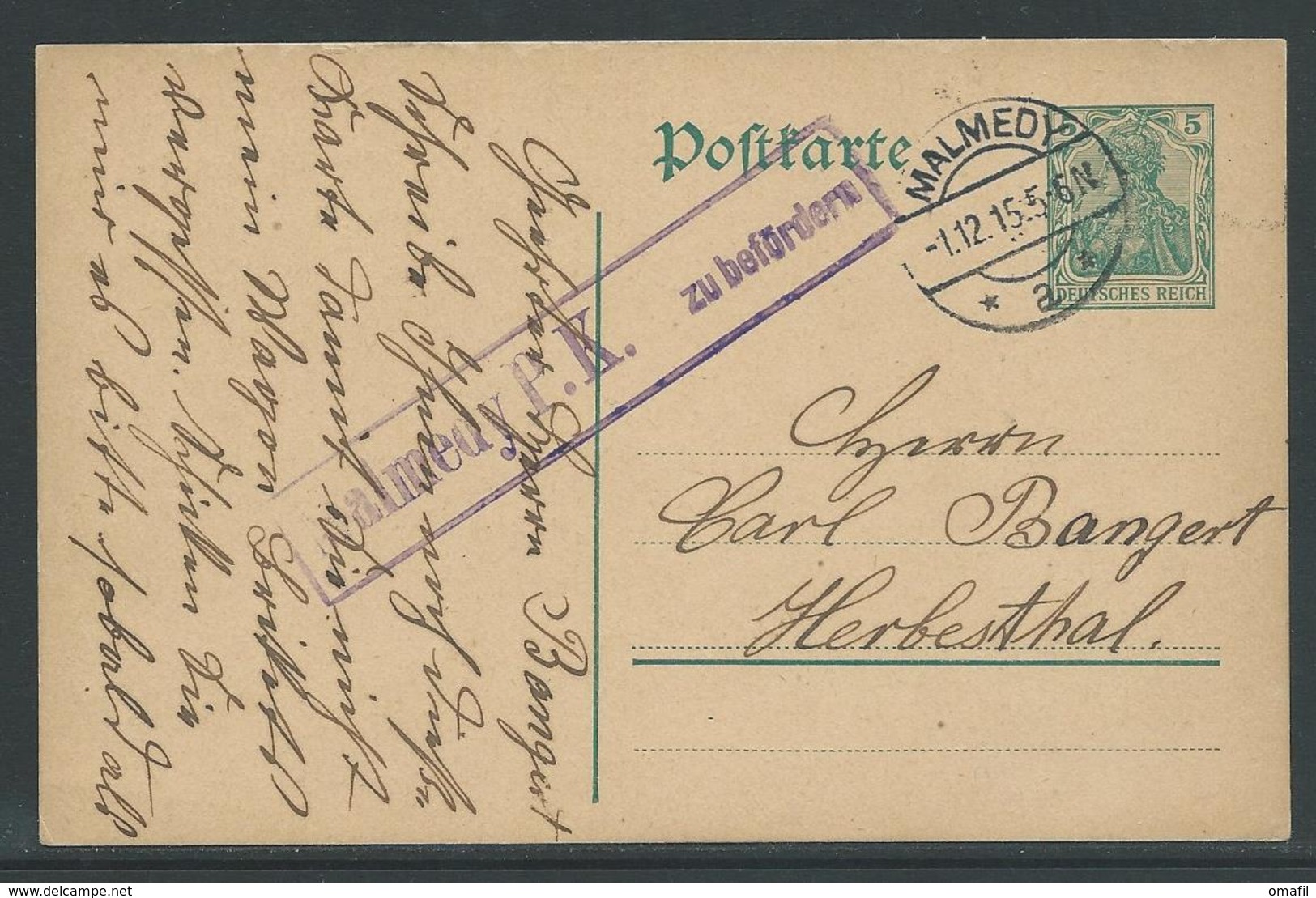 Postwaardestuk 5 Pf Stempel Malmedy 1.12.15 - OC55/105 Eupen & Malmédy