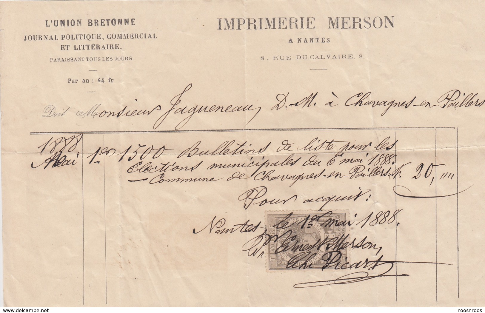 FACTURE IMPRIMERIE MERSON - UNION BRETONNE - BULLETINS  MUNICIPALES 1888 - CHAVAGNES EN PAILLERS VENDEE - JAGUENEAU - 1800 – 1899