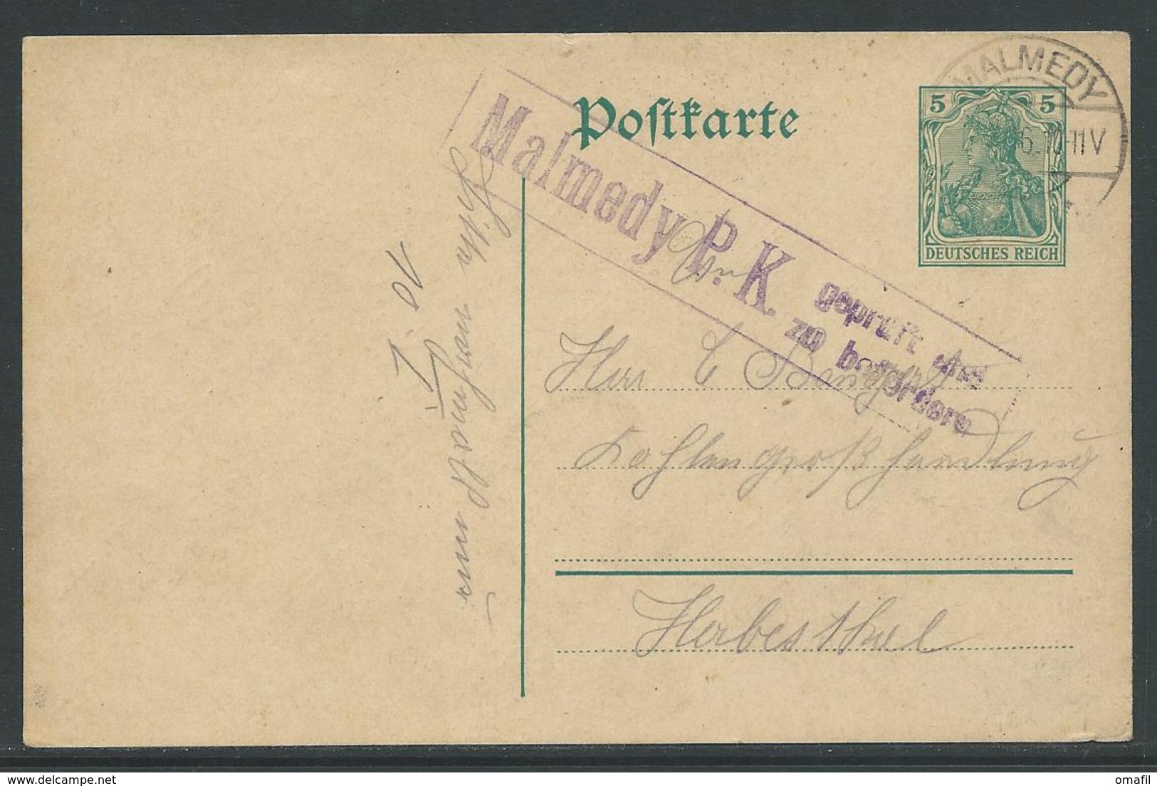 Postwaardestuk 5 Pf Stempel Malmedy  1.3.16 - OC55/105 Eupen & Malmédy