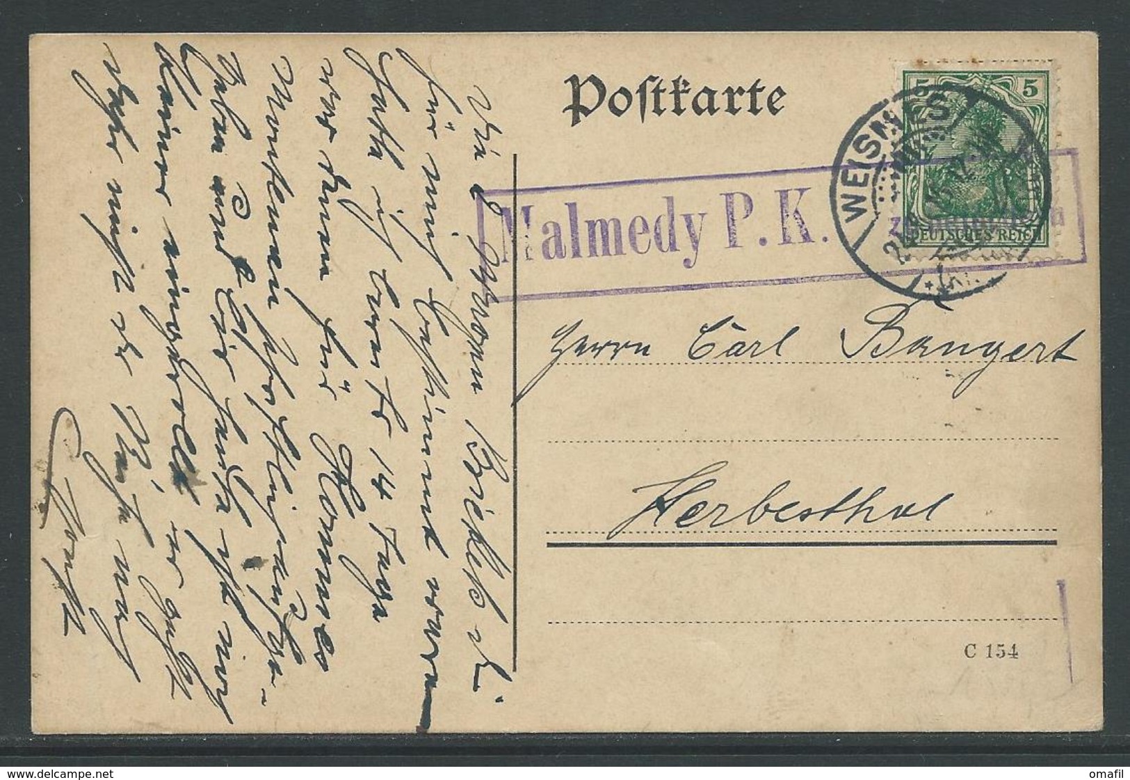 Kaart 5 Pf Stempel Weimes 24.6.15 - OC55/105 Eupen & Malmédy