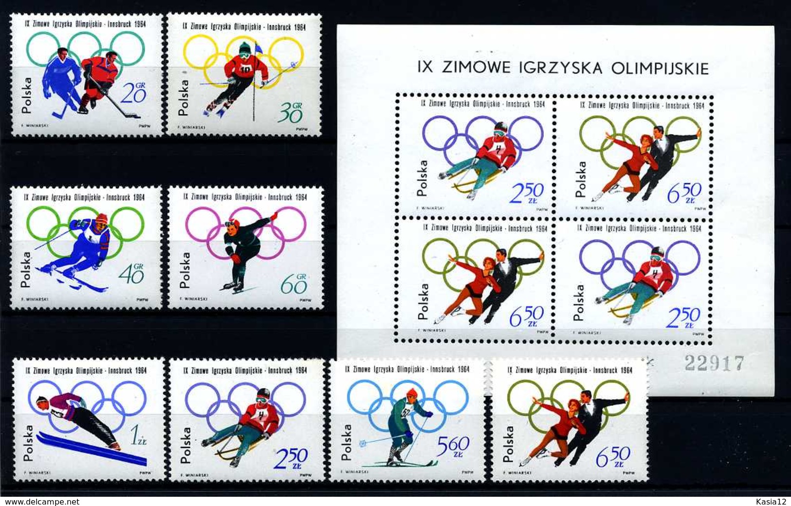 E18529)Olympia 64, Polen 1457/64** + Bl 32**, Nr. 1462/3 Je Kleiner Haftpunkt - Hiver 1964: Innsbruck