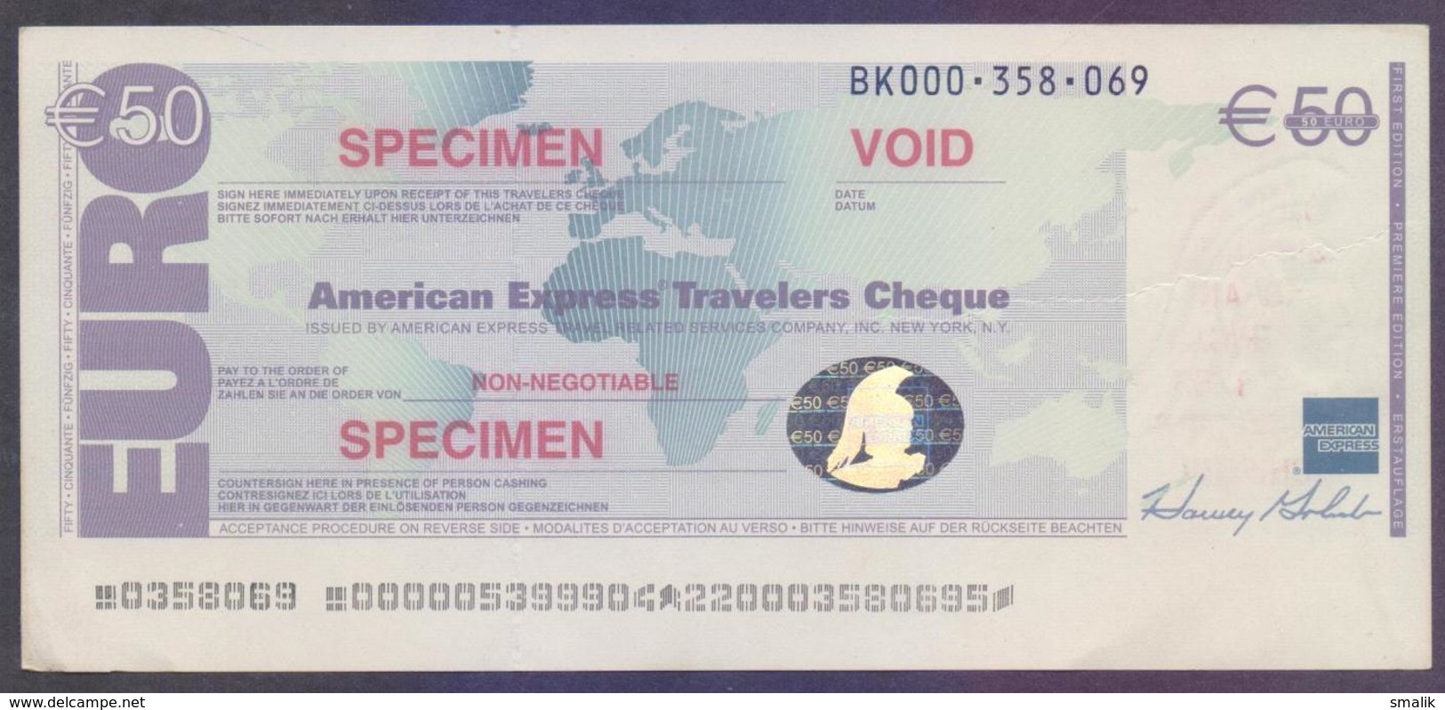 50 EURO American Express Travellers Cheque With Hologram "SPECIMEN" - Chèques & Chèques De Voyage