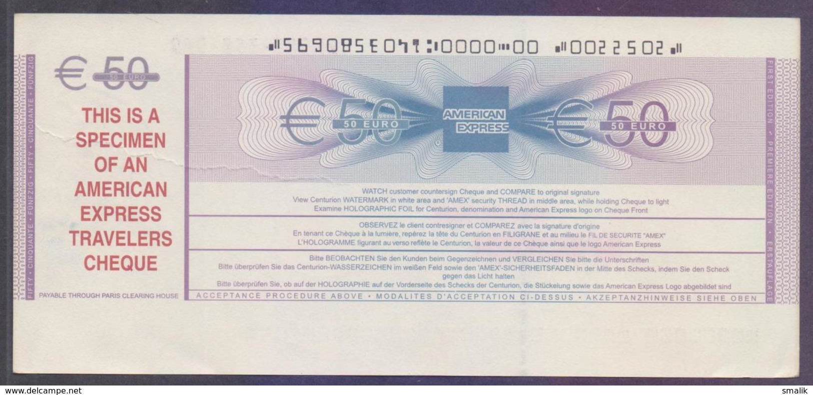 50 EURO American Express Travellers Cheque With Hologram "SPECIMEN" - Chèques & Chèques De Voyage