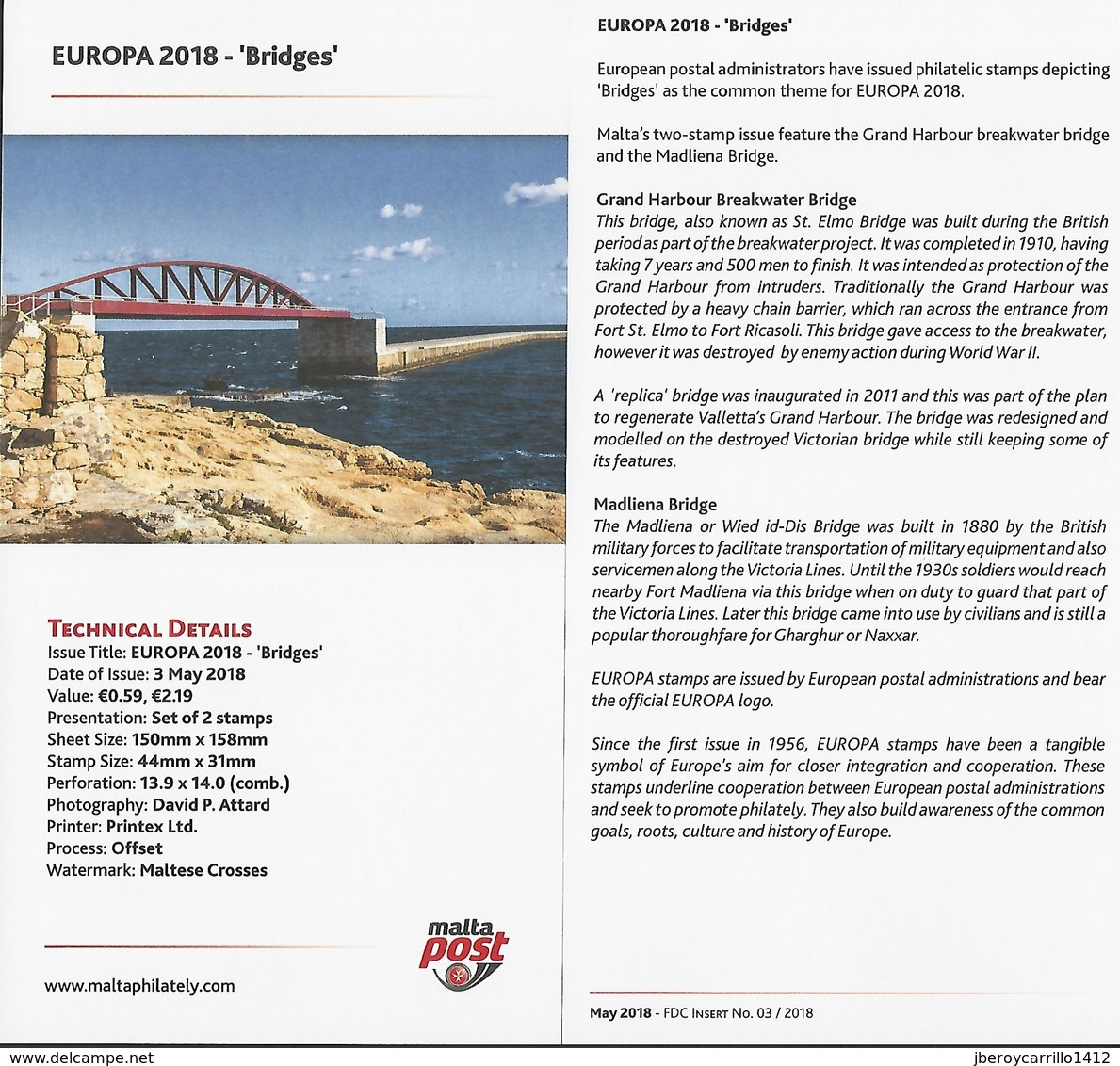 MALTA  -EUROPA 2018 - PUENTES.- BRIDGES - BRÜCKEN - PONTS".- FICHA DE LA EMISION - 2018