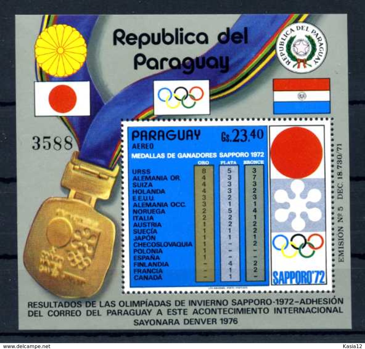 E22385)Olympia 72, Paraguay Bl 192** - Winter 1972: Sapporo