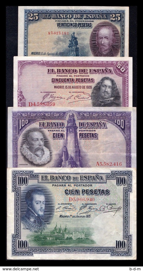 España Lote 4 Billetes República 25 50 100 100 Pesetas 1925-1928 MBC- AVF - Colecciones