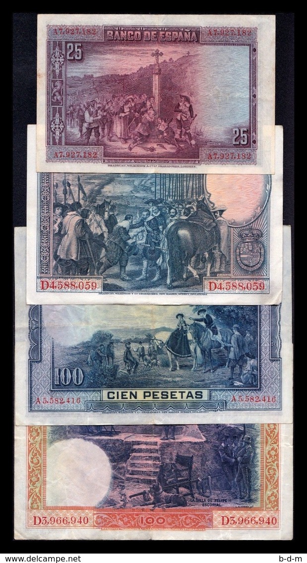 España Lote 4 Billetes República 25 50 100 100 Pesetas 1925-1928 MBC- AVF - Verzamelingen