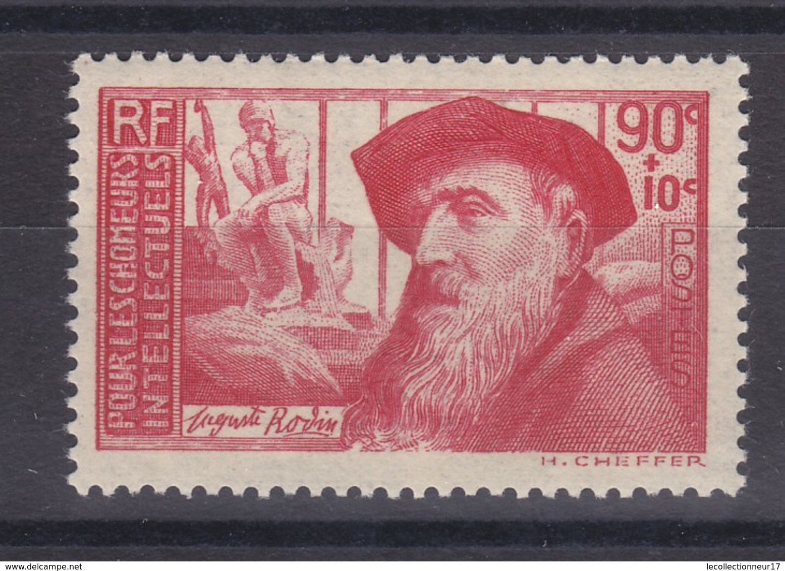 France Année 1937 Au Profit Des Chômeurs Intellectuels Auguste Rodin N° 344** 90 C + 10 C Rouge Carminé Lot 1295 - Neufs