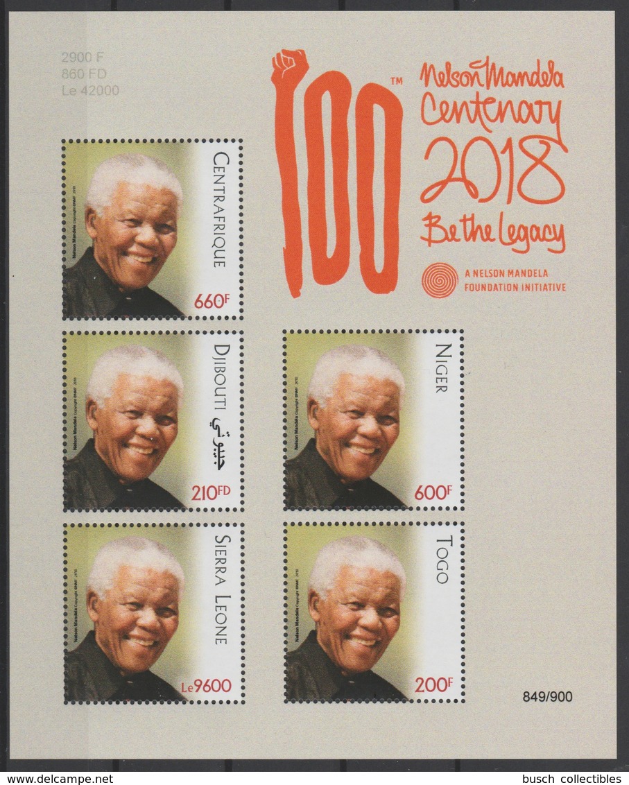 Djibouti Central Africa Togo Sierra Leone Niger 2018 PAN African Postal Union Nelson Mandela Madiba 100 Years - Zentralafrik. Republik