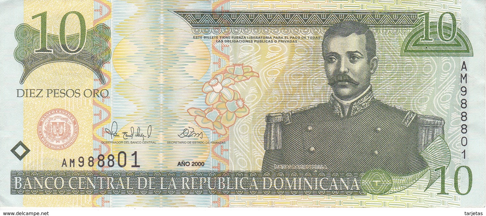 BILLETE DE REP. DOMINICANA DE 10 PESOS ORO DEL AÑO 2000 SERIE AM EN CALIDAD EBC (XF) (BANKNOTE) - Repubblica Dominicana