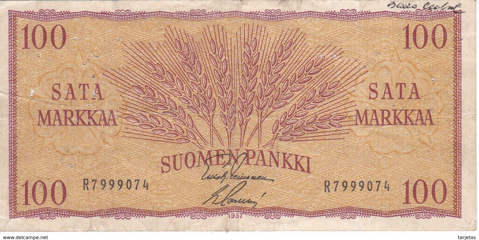 BILLETE DE FINLANDIA DE 100 MARKKAA DEL AÑO 1957  (BANKNOTE)(puntos De Aguja) - Finlande