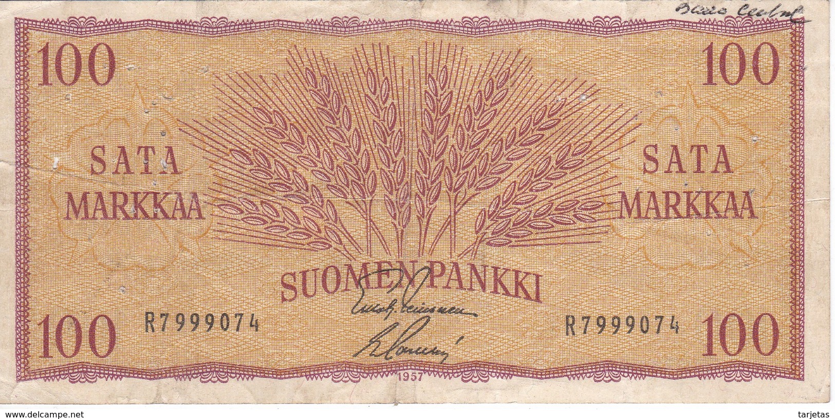 BILLETE DE FINLANDIA DE 100 MARKKAA DEL AÑO 1957  (BANKNOTE)(puntos De Aguja) - Finlandia