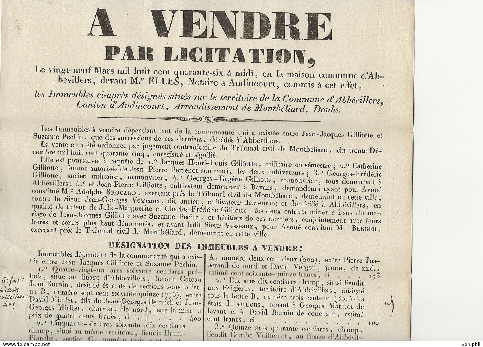 PETITE AFFICHE VENTE PAR LICITATION -COMMUNE D'ABBEVILLERS -CANTON D'AUDINCOURT -DOUBS-1846 - Posters