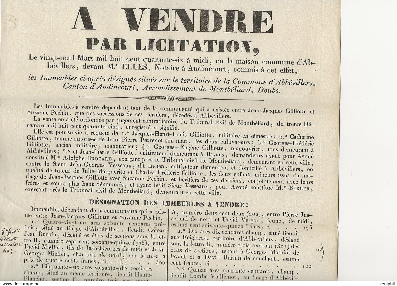 PETITE AFFICHE VENTE PAR LICITATION -COMMUNE D'ABBEVILLERS -CANTON D'AUDINCOURT -DOUBS-1846 - Affiches