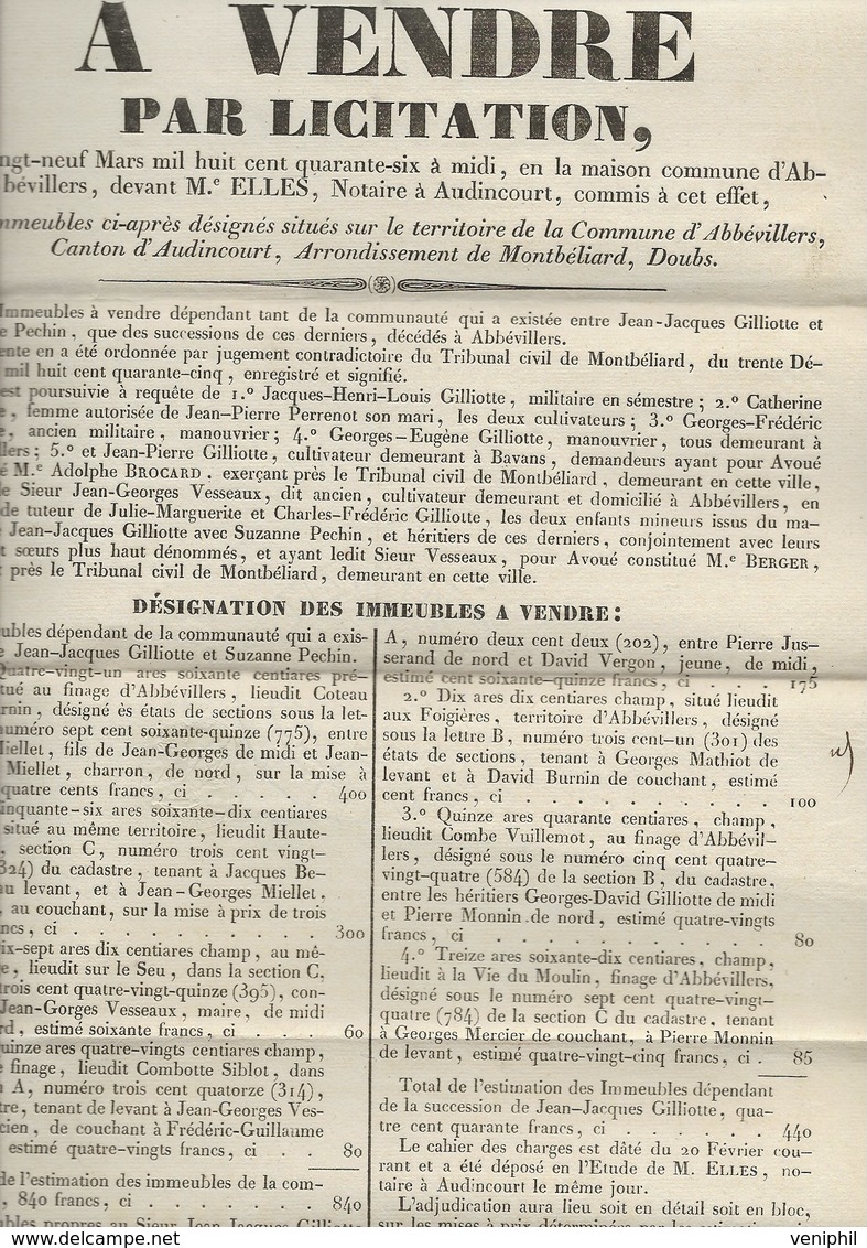 PETITE AFFICHE VENTE PAR LICITATION -COMMUNE D'ABBEVILLERS -CANTON D'AUDINCOURT -DOUBS-1846 - Manifesti