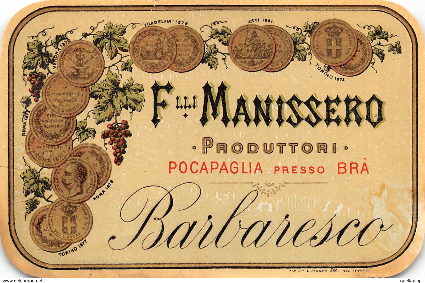 D8960 "BARBARESCO - F.LLI MANISSERO - POCAPAGLIA PRESSO BRA - FINE XIX SECOLO  ".  ETICHETTA ORIGINALE7 - Vino Rosso