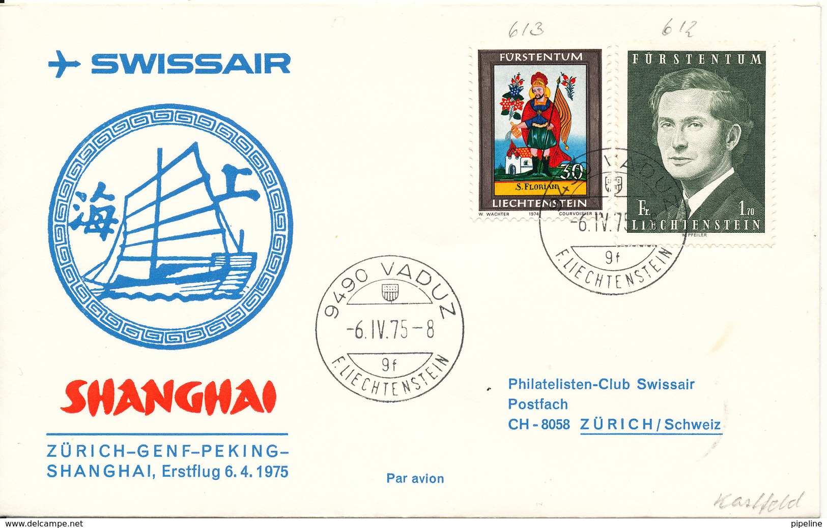 Liechtenstein Cover First Flight Swissair Zürich - Genf - Peking - Shanghai 6-4-1975 - Covers & Documents