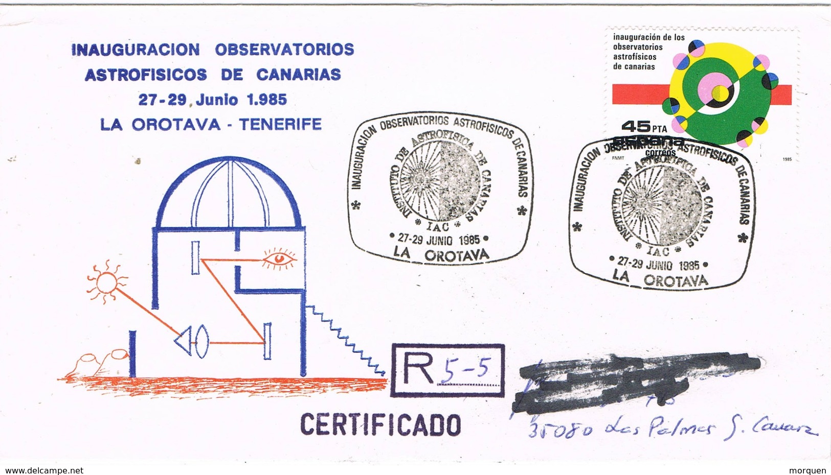 30940. Carta Certificada LA OROTAVA (Canarias) 1985. Observatorio Astrofisico - Cartas & Documentos