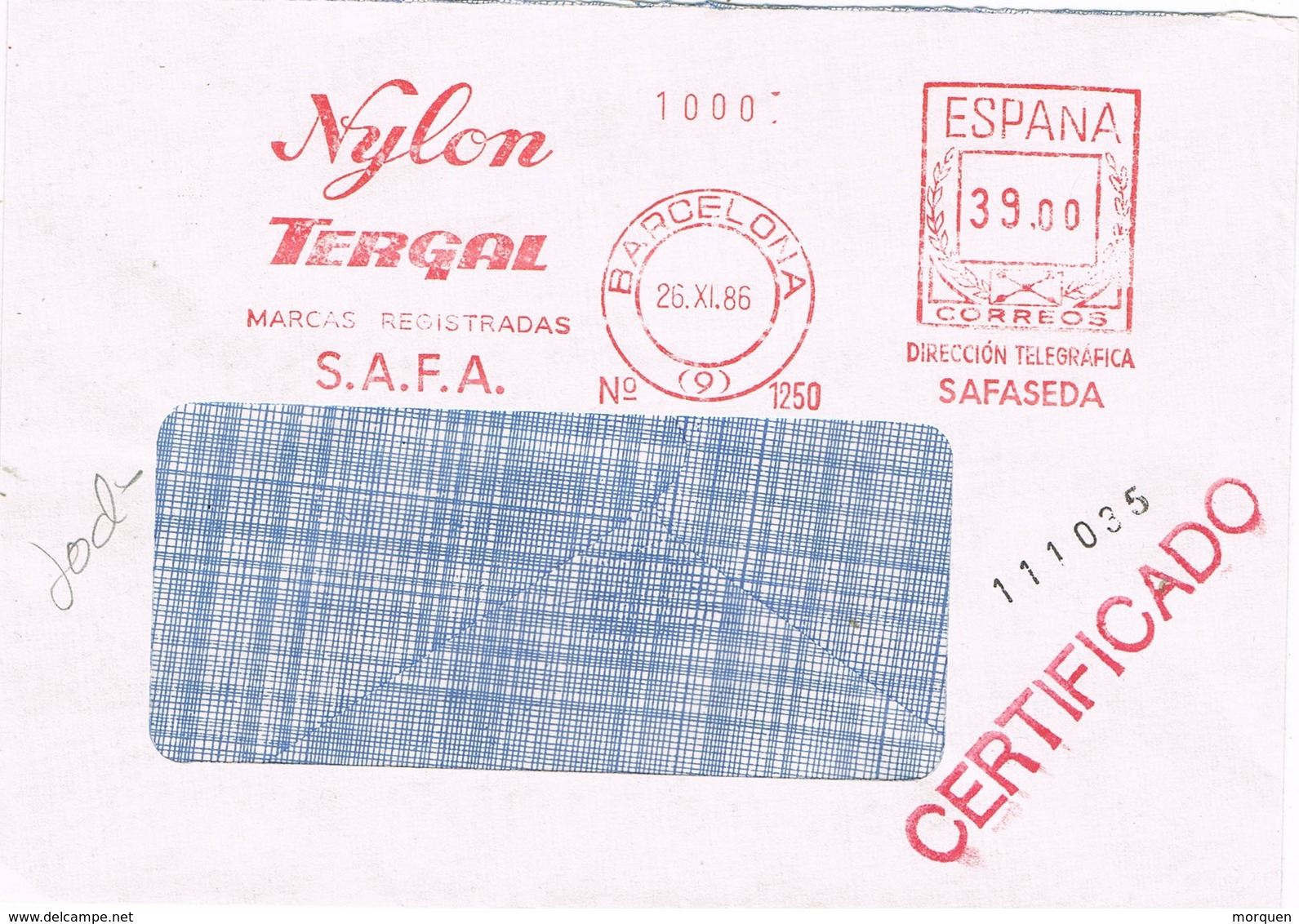 30941. Carta Certificada BARCELONA 1985. Franqueo Mecanico NYLON, TERGAL, SAFA - Cartas & Documentos