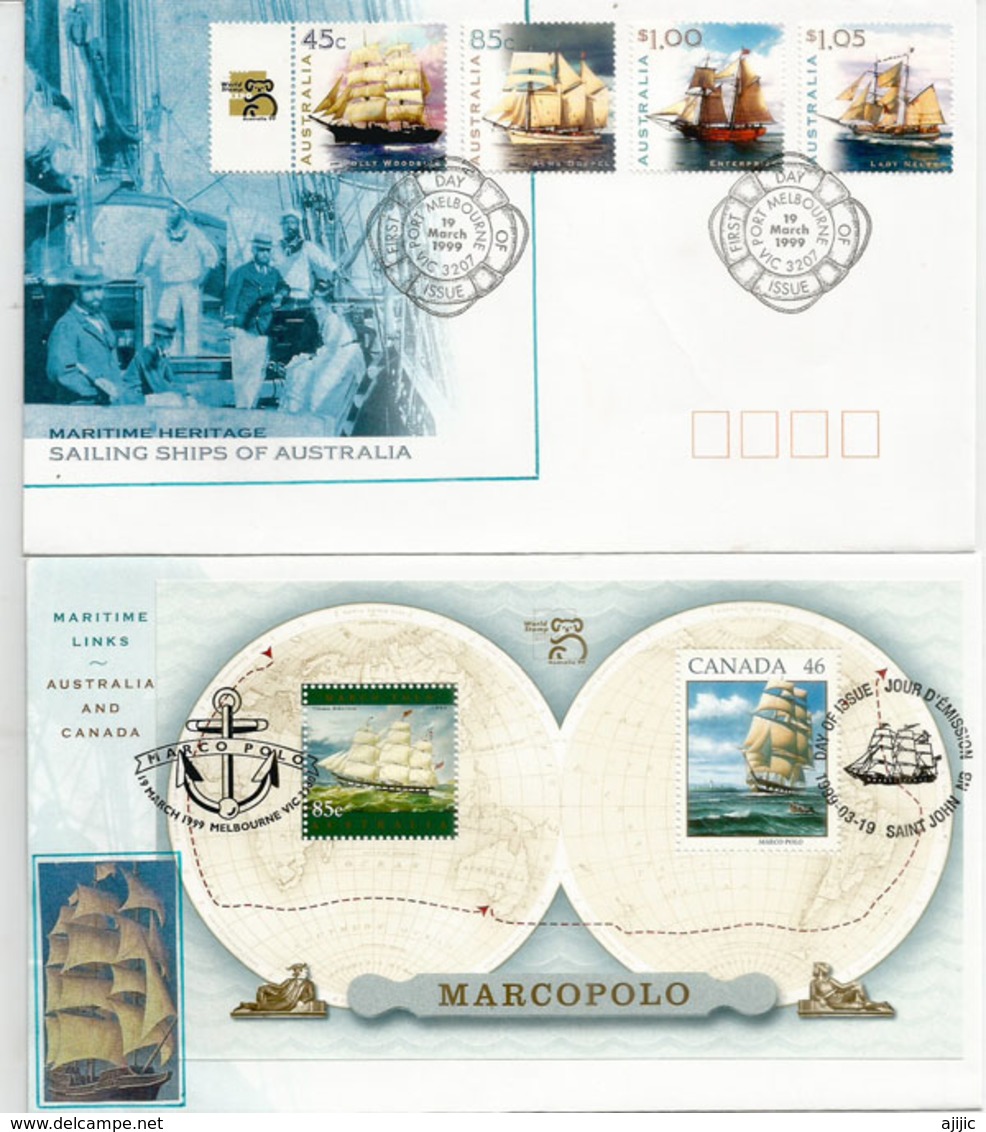 CANADA-AUSTRALIA, émission Conjointe Voiliers Polly Woodside & Marco Polo,transportant Emigrants Canadiens En Australie - Commemorative Covers