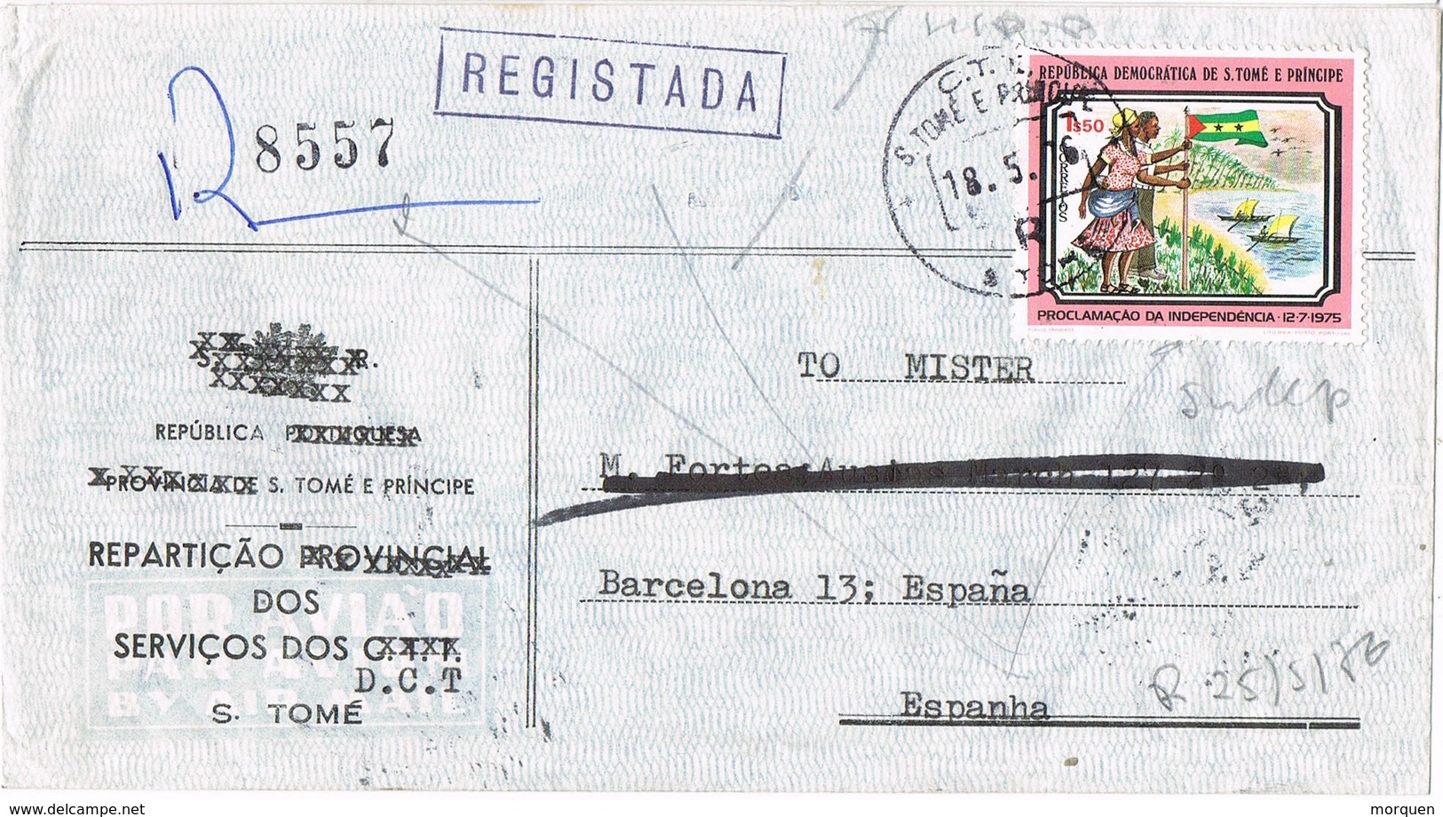 30948. Carta Aerea Certificada SANTO TOMÉ E PRINCIPE 1976. Independencia - Sao Tomé Y Príncipe