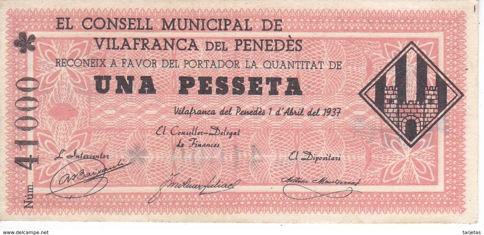 BILLETE DE 1 PESETA DEL CONSELL MUNICIPAL DE VILAFRANCA DEL PENEDES AÑO 1937 CON ASTERISCO SIN CIRCULAR-UNCIRCULATED - 1-2 Pesetas