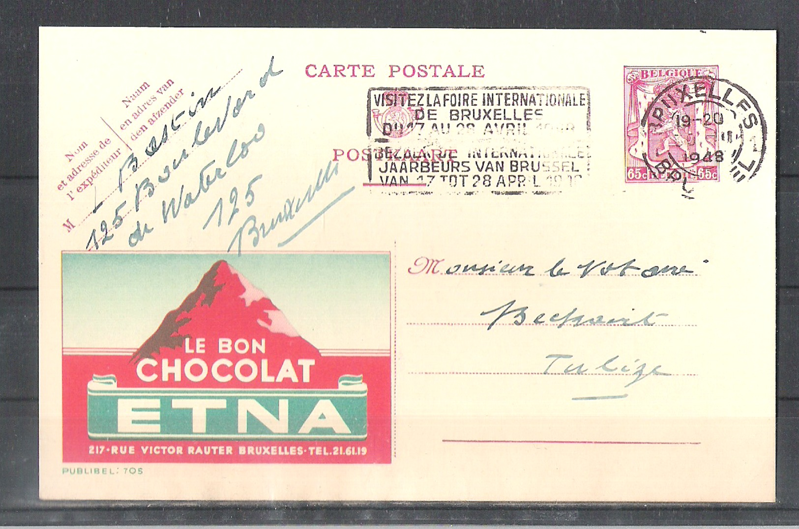 EP Belgique Publibel 705 " Le Bon Chocolat Etna " - Bruxelles 1948 - Publibels